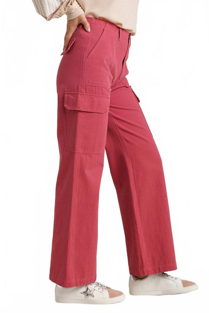 Umgee Solid Stone Washed Straight Cargo Pants Pink Small 4