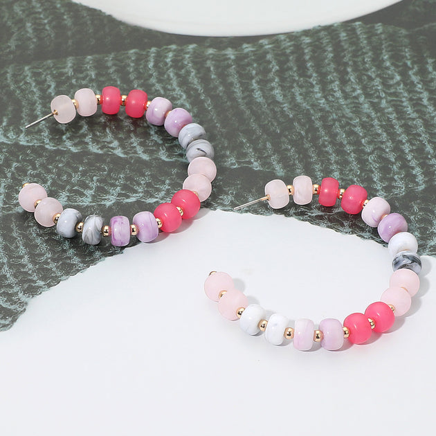 FASHNZFAB Beaded Hoop Earrings Pink 4