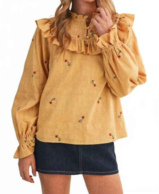merci Ruffled Smocked Embroidered Blouse Yellow Medium 2