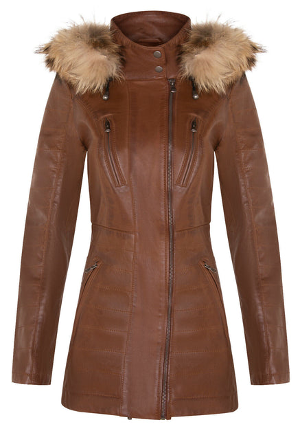 Infinity Damen Slim Fit Leder Kapuzen Parka Jacke-Northam braun Medium 2