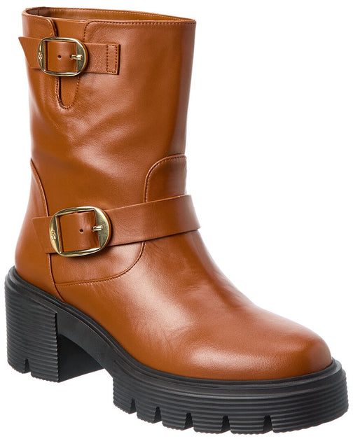 Stuart Weitzman Soho Leather Moto Bootie Brown 9 2