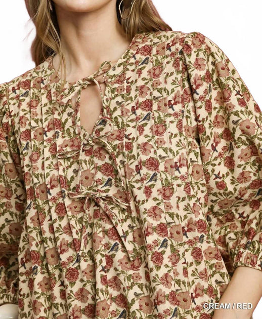Umgee Vintage Floral Pintuck Top Brown 1X 3