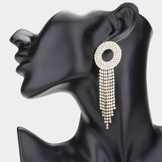 FASHNZFAB Open Circle Rhinestone Fringe Dangle Earrings Black 3