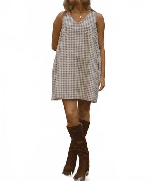 WISHLIST Maple Grove Gingham Mini Dress Beige Large 2