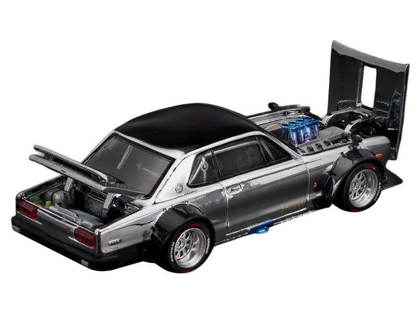 Pop Race Skyline GT-R V8 Drift Hakosuka RHD Silver Chrome Black 1/64 4