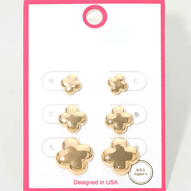 FASHNZFAB Quatrefoil Stud Earring Set Gold 2