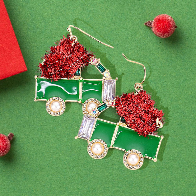 FASHNZFAB Christmas Cart Dangle Earrings Pink 3
