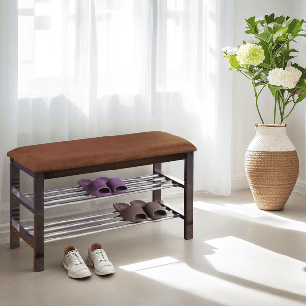 AMIDEY Wood Shoe Bench Chocolate Microfiber Espresso 3