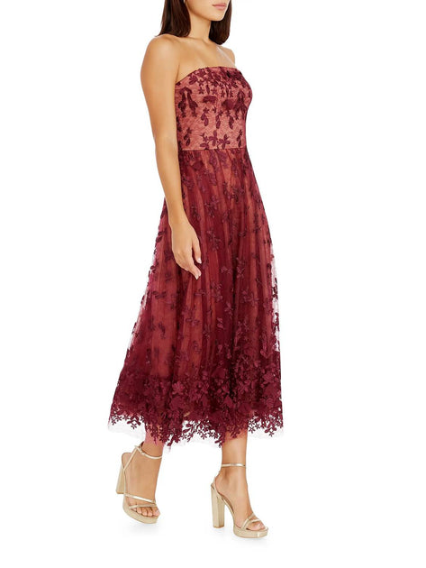 DRESS THE POPULATION Kailyn Strapless Midi Dress In Burgundy / Nude