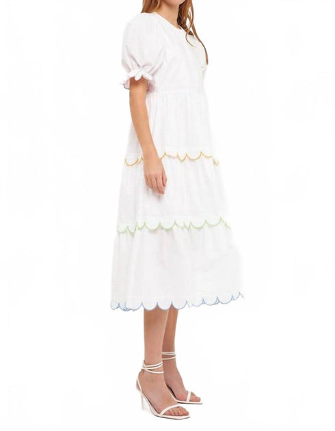 2.7 August Apparel Scallop Edge Puffy Short Sleeve Midi Dress White Small 4