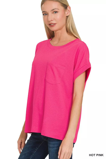 TRUEDAMES Cuffed Front Pocket Short Sleeve Tee Pink Large 3
