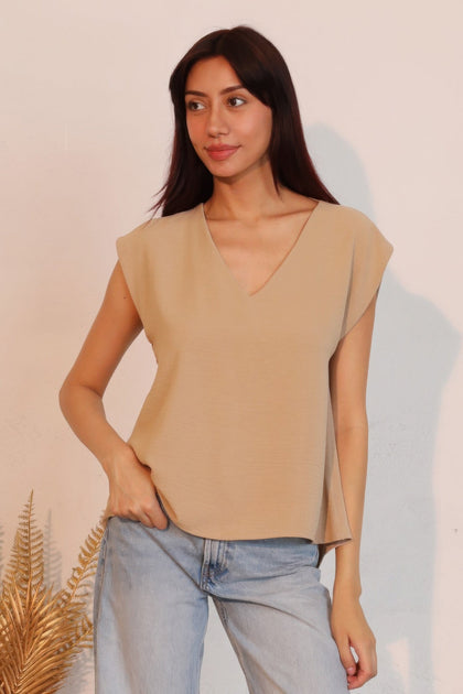 TRUEDAMES Matte Crepe Low Back Top Brown Medium 2