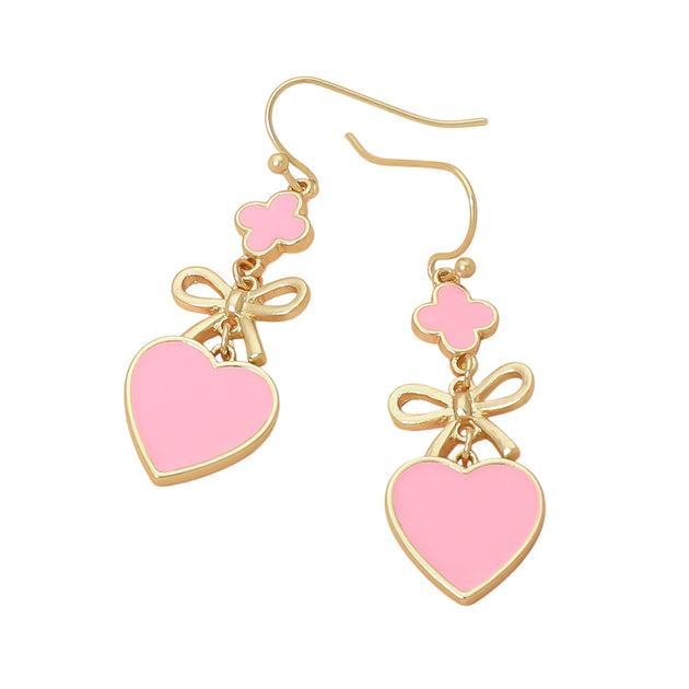 FASHNZFAB Quatrefoil Bow Heart Link Drop Earrings Pink 3
