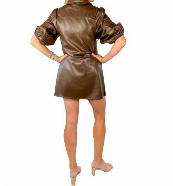 DOLCE CABO Everywhere Leather Dress With Puff Sleeves In Brown