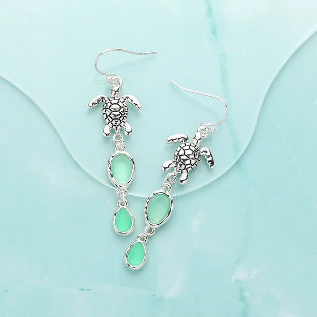 FASHNZFAB Sea Turtle Teardrop Stone Cluster Earrings Green 2