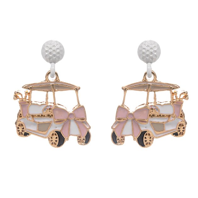 FASHNZFAB Enamel Bow Accent Golf Cart Drop Dangle Earrings White 3