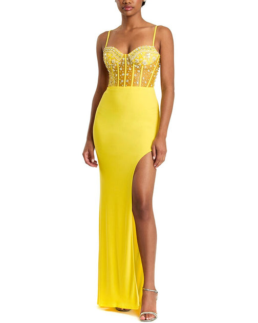 Mac Duggal Spaghetti Strap Beaded Sheer Bodice Gown Yellow Medium 2