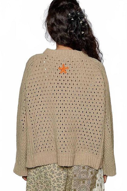 POL Langarm Cardigan mit Blumenmuster Braun Large 3