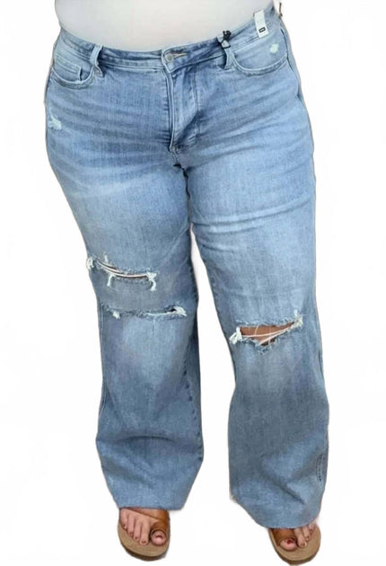 Judy Blue Mid Rise Tummy Control Distressed Wide Leg Jeans - Plus blau US 16W 4