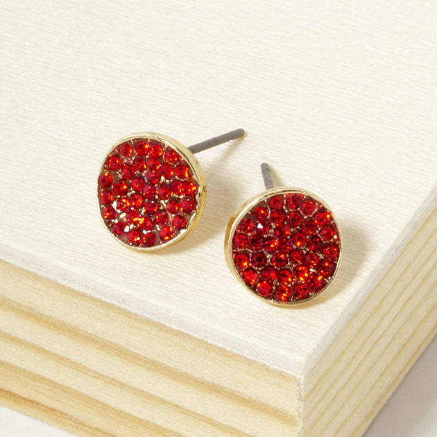 FASHNZFAB Crystal Pave Round Disc Stud Earrings Siam Red 2