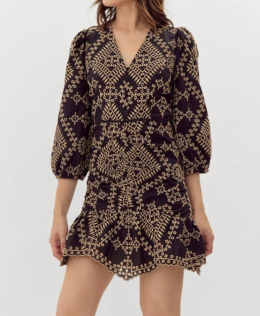 adelyn rae Poppy Embroidered Mini Dress In Black/camel