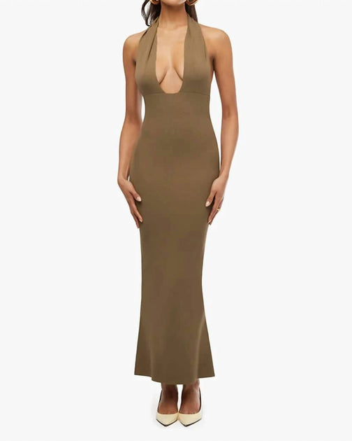 WE WORE WHAT Knit Halter Maxi Dress In Olive Green
