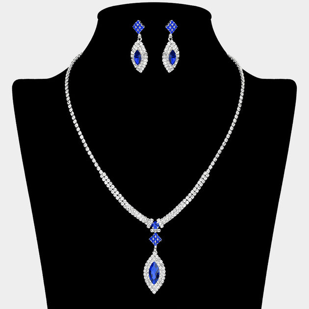 FASHNZFAB Marquise Stone Pendant Rhinestone Paved Necklace Black 6