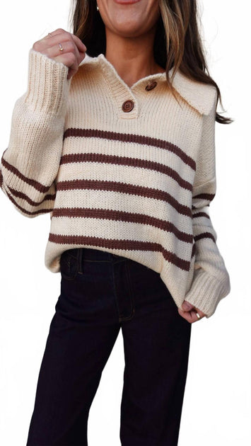 Listicle Striped Knit Collared Sweater Beige Medium 3