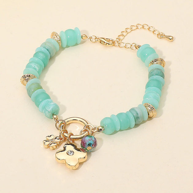 FASHNZFAB Quatrefoil Floral Charm Perlenarmband Gold Grün Einheitsgröße 2