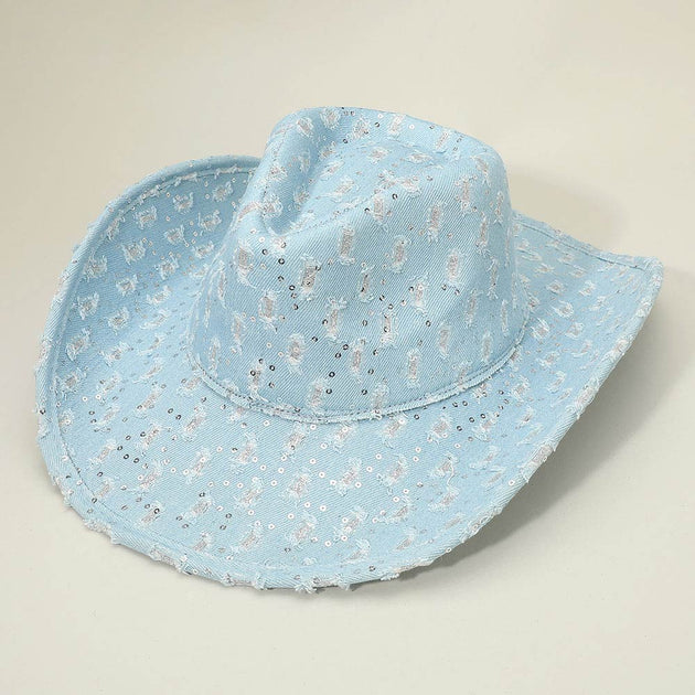 FASHNZFAB Wide Brim Distressed Sequin Cowboy Fedora Hat Blue 5