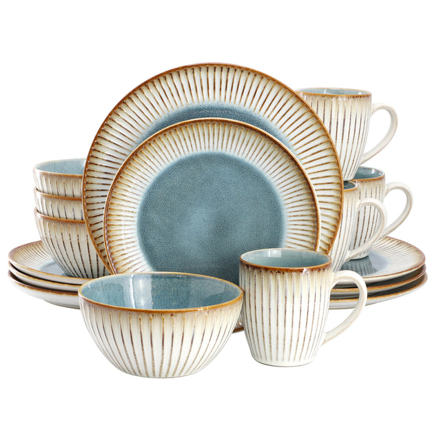 Elama Louann 16 Piece Stoneware Dinnerware Set Beige/Blue 2