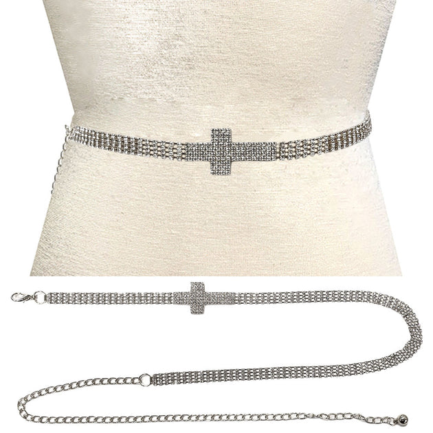 FASHNZFAB Rhinestone Paved Cross Pointed Chain Waist Belt Multi One Size 3