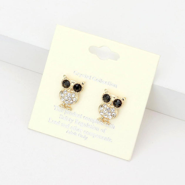 FASHNZFAB Crystal Owl Stud Earrings Black 4
