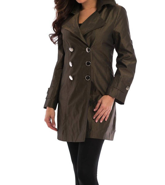 ANGEL Metallic Double Breasted Rain Jacket In Bronze | ShopSimon