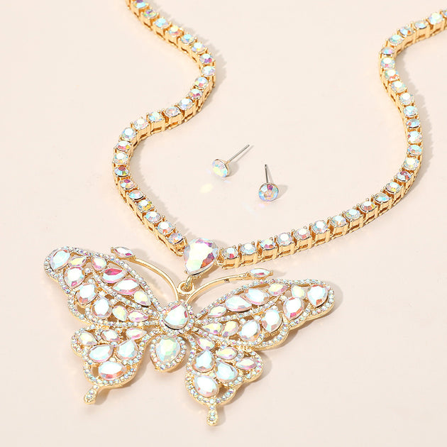 FASHNZFAB Rhinestone Butterfly Pendant Necklace Set Blue 2