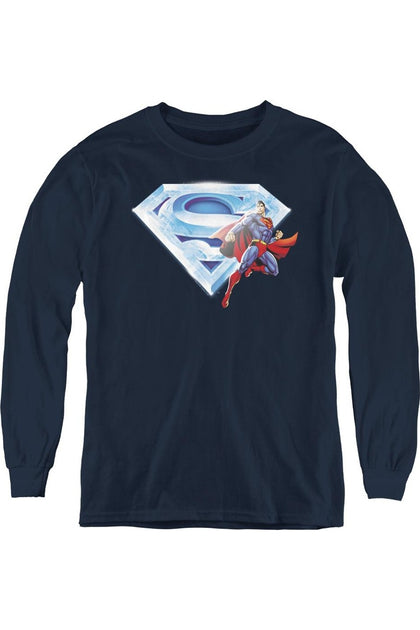 Gildan Superman & Crystal Logo Youth Long Sleeve Tee Blue Large 2
