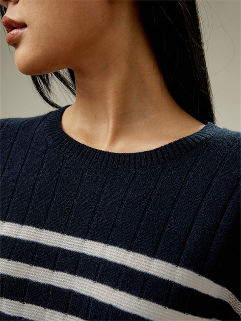 LILYSILK Drop-Shoulder Striped Cashmere Sweater Black Medium 4