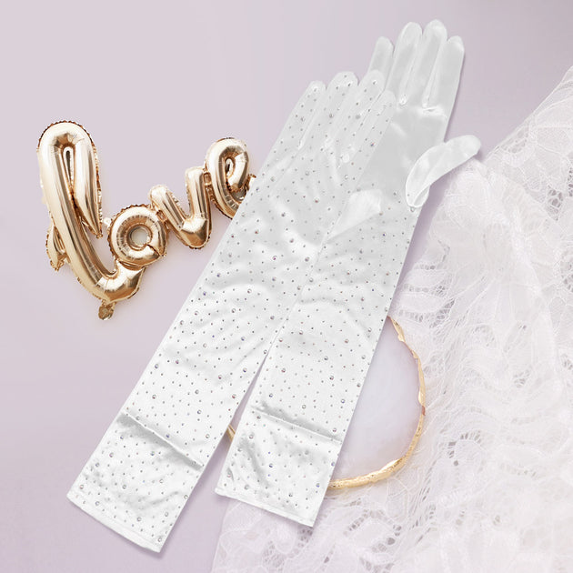 FASHNZFAB Stone Embellished Satin Wedding Gloves White One Size 5