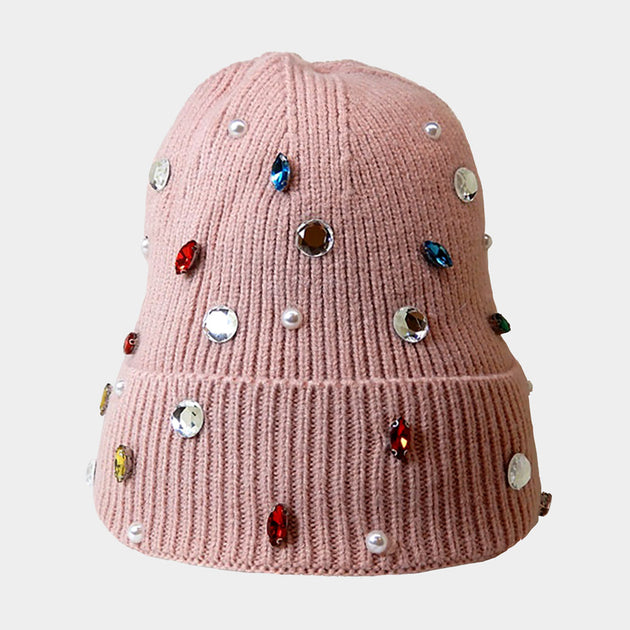 Rhinestone & Daisy Jewel Embellished Fleece Lining Knit Beanie Hat FASHNZFAB Fleece Lining Daisy Flower Stone Embellished Solid  main image 3