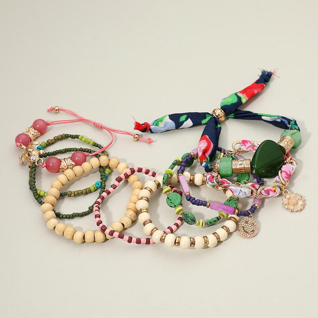 FASHNZFAB 10PCS Boho Flower Turtle Charm Wood Beaded Bracelet Multi Green One Size 3