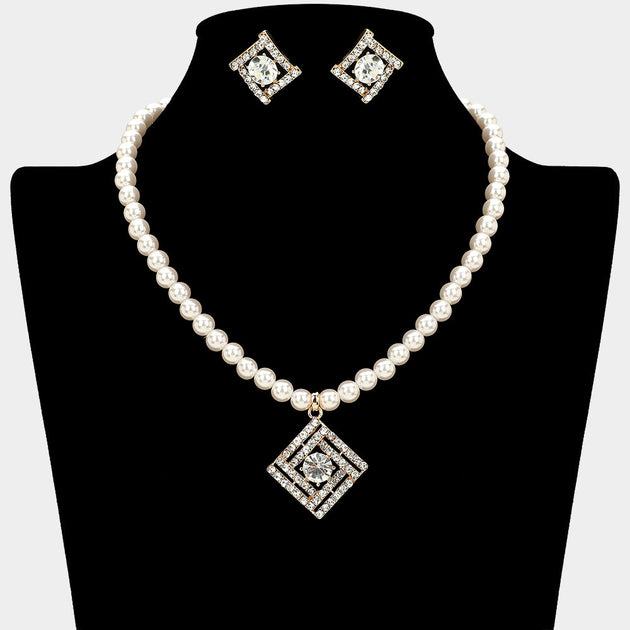 FASHNZFAB Geometric Square Pendant Pearl Necklace Set Black 5