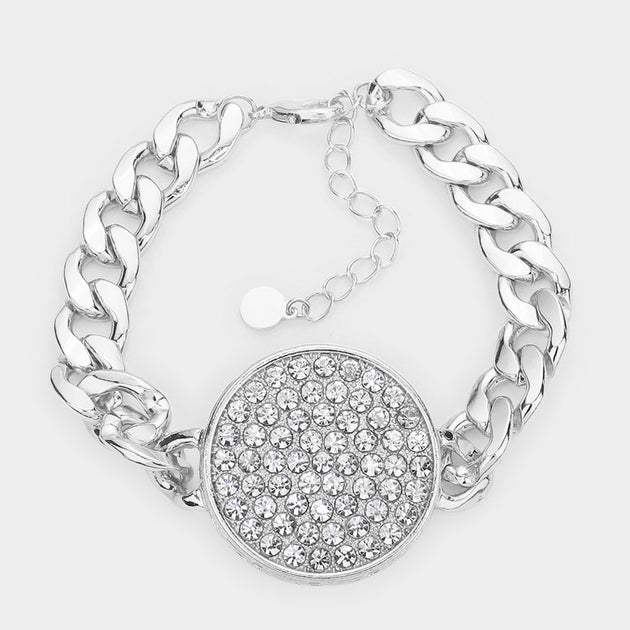 FASHNZFAB Circle Pendant Metal Link Bracelet Rhodium Silver One Size 3