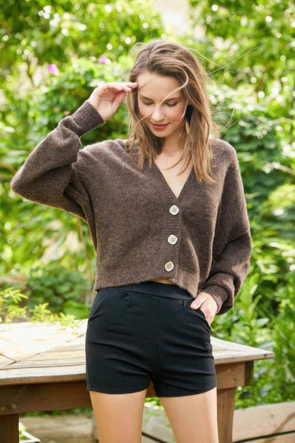 TRUEDAMES Low V-neck Button Sweater Top Brown S/M 3