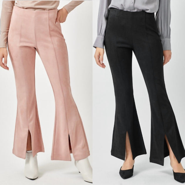 mystree Suede Flare Front Slit Pants Pink Large 2