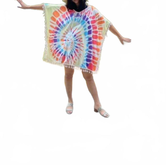 Shirley Stone Tie Dye Fringe Caftan Top Blue Multi One Size 4