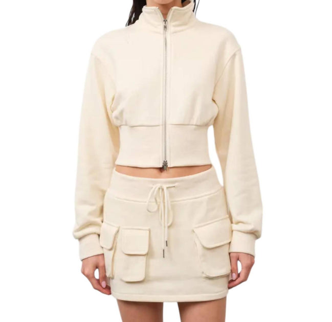 Loucia Alicia Cropped 2-Way Zip Up Jacket Beige Small 2