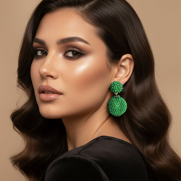 FASHNZFAB Double Rhinestone Ball Dangle Earrings Green 2