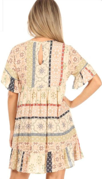 CHRIS & CAROL Boho Print Mini Dress Beige Medium 3