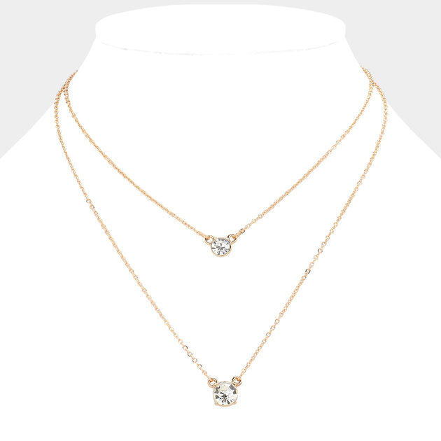FASHNZFAB Double Round Stone Pendant Layered Necklace Gold One Size 4