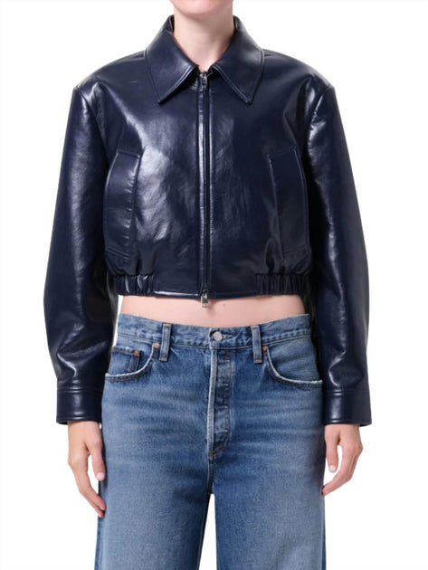 AGOLDE Nahla Cropped Leather Jacket Blue Medium 2